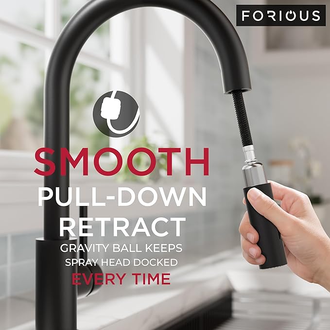 FORIOUS Black Kitchen Faucet with Pull Down Sprayer, Modern Single Hole Kitchen Sink Faucet with Soap Dispenser, Deck Plate, Single Handle, High Arc Stainless Steel for RV Farmhouse Laundry Outdoor