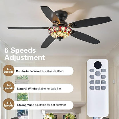 Tiffany Ceiling Fans with Lights - 52" Ceiling Fan Chandelier with 5 Dual-Blades and Glass Shade, 6 Speeds and Reversible, Indoor and Outdoor, Retro Style