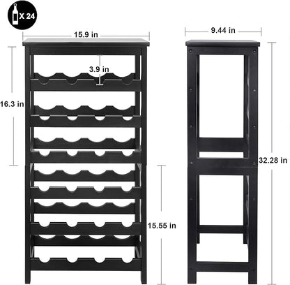 Wine Rack Free Standing Floor, 6-Tier 24 Bottles Display Wine Storage Shelves with Table Top, Easy-Assembly Freestanding Bamboo Wine Racks for Kitchen Dining Room Bar, Black