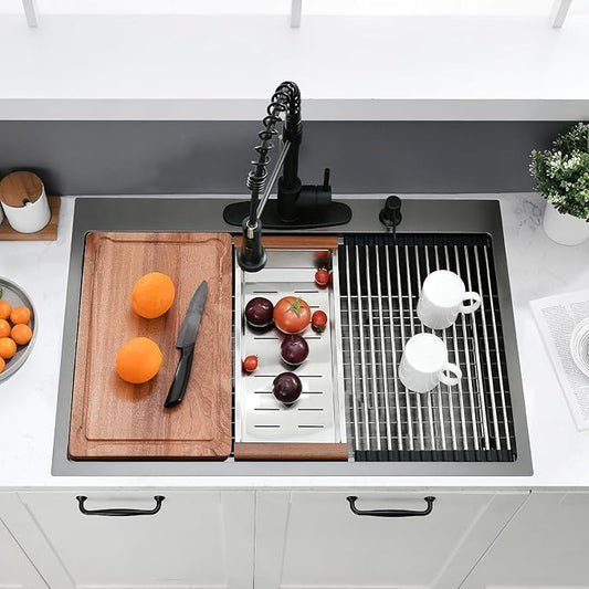 33x19 Drop In Kitchen Sink Black - 16 Gauge Stainless Steel Workstation Sinks Ledge Handmade 10 Inch Deep Single Bowl Kitchen Sink Top Mount Easy to Clean