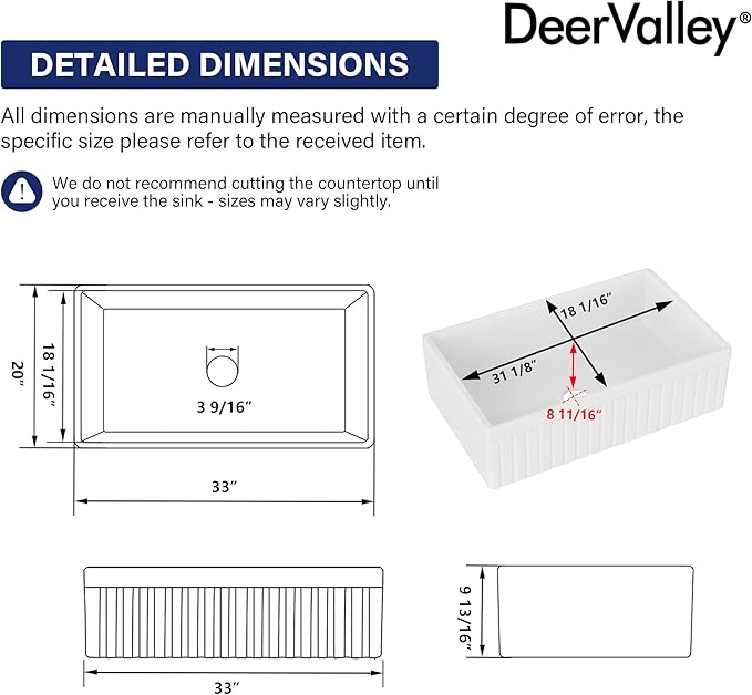 DeerValley 33" L x 20" W Farmhouse Workstation Kitchen Sink, Reversible Fireclay Deep Single Bowl Apron Front Kitchen Sink, White Undermount Farm Sink with Ledge and Accessories