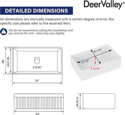 DeerValley 33" L x 20" W Farmhouse Workstation Kitchen Sink, Reversible Fireclay Deep Single Bowl Apron Front Kitchen Sink, White Undermount Farm Sink with Ledge and Accessories