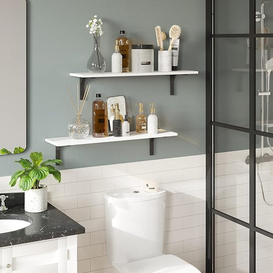 DINZI LVJ Long Wall Shelves, 23.6 Inch Wall Mounted Shelves Set of 2, Easy-to-Install, Floating Storage Ledges with Sturdy Metal Brackets for Living Room, Bathroom, Bedroom, Kitchen, White