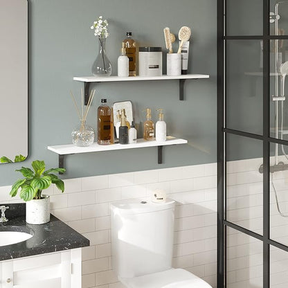 DINZI LVJ Long Wall Shelves, 31.5 x 7.9 x 6.1 Inches, Set of 2 White Floating Shelves, Easy-to-Install, Large Storage Ledges with Sturdy Metal Brackets for Living Room, Bathroom, Bedroom, Kitchen