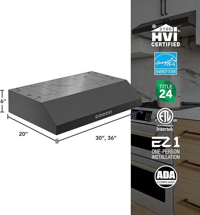 Broan-NuTone 36 Inch Glacier Under Cabinet Range Hood, ENERGY STAR, 350 Max Blower CFM - Electric Rangehood and Exhaust for Kitchen Stove Cooking and Ventilation, Black Stainless Steel
