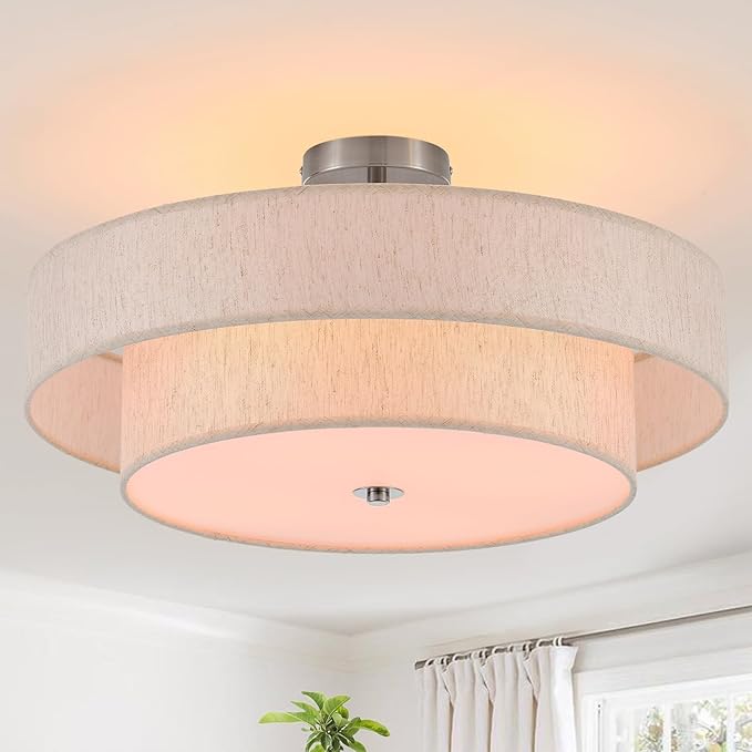 21.7" Modern Semi Flush Mount Ceiling Light 4-Lights Linen Drum Ceiling Lighting with Chrome Finish, Vintage Ceiling Light Fixture for Laundry Room, Kitchen, Living Room, Dining Room, Bedroom