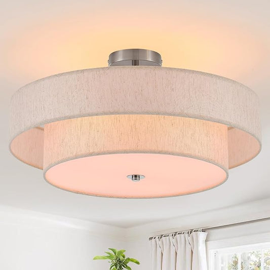 21.7" Modern Semi Flush Mount Ceiling Light 4-Lights Linen Drum Ceiling Lighting with Chrome Finish, Vintage Ceiling Light Fixture for Laundry Room, Kitchen, Living Room, Dining Room, Bedroom
