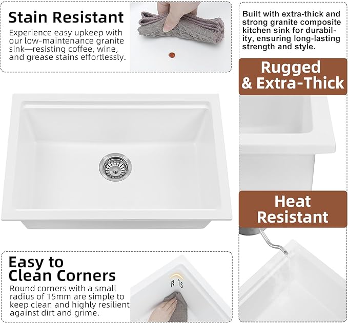 Davivy White Undermount Kitchen Sink 27 Inch, 27 x 18 Dual Mount Granite Composite Workstation Kitchen Sink, Deep Single Bowl with Accessories