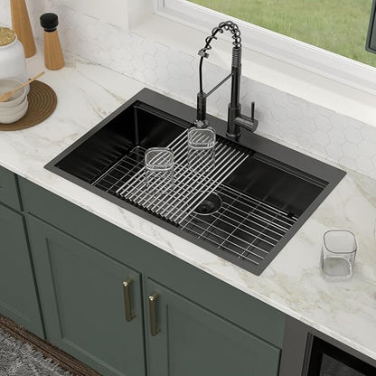 Logmey 30 Inch Drop In Kitchen Sink Workstation 30x19x9 Inch Gunmetal Black Topmount Sinks Stainless Steel 16 Gauge Overmount Kitchen Sink