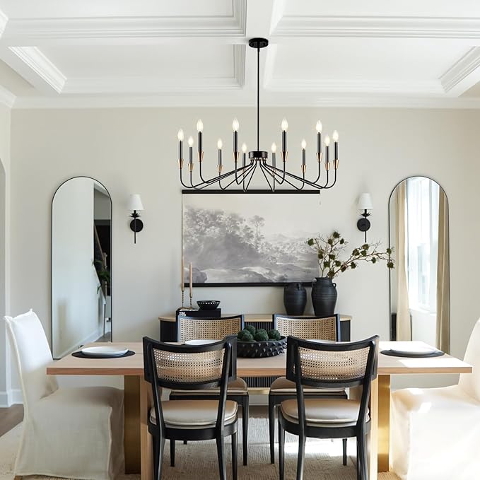 Black Chandelier 38'' Modern Farmhouse Candle Light Fixture 12-Light Large Black and Gold Dining Room Chandleiers High Ceiling Hanging Living Room Lighting Entryway Kitchen Island