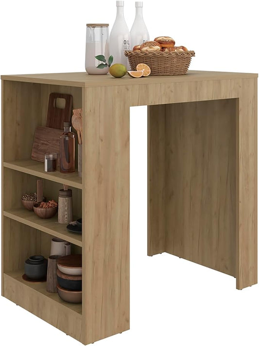 GOWE Lacour Kitchen Island, Kitchen Bar Table with 3-Side Shelves, Natural Oak