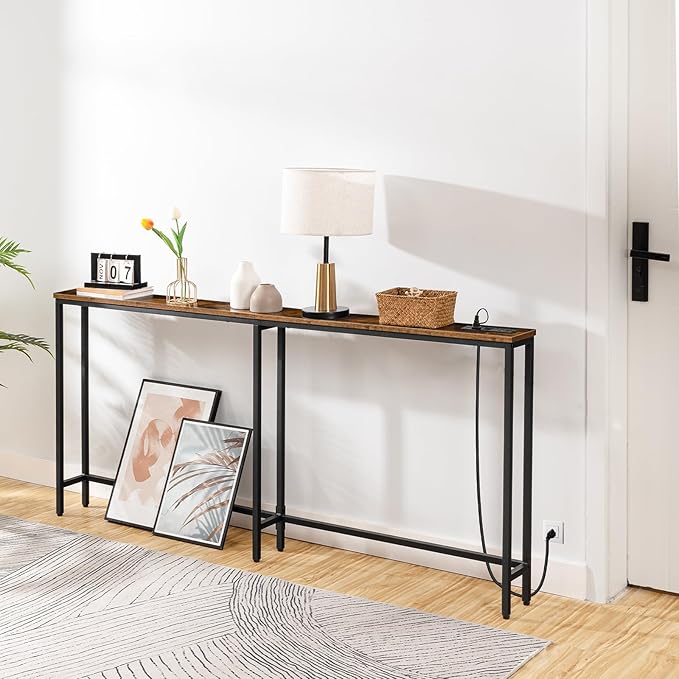 HOOBRO 70.9" Narrow Console Table with Charging Station, 5.9" Slim Sofa Table Behind Couch, 2 AC Outlets & USB-C Ports, Long Entryway Tables, for Hallway, Livingroom, Rustic Brown BF185UXG01G1