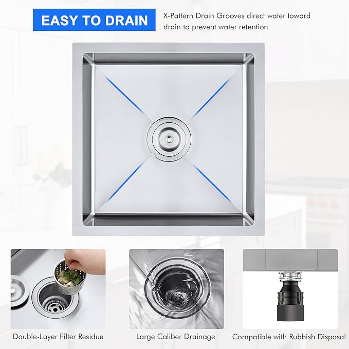 MENATT 18 inch Undermount Kitchen Sink, Brushed Stainless Steel Handmade Single Bowl Bar Sink 6inch Deep Basin Bowl, D18"xW18xH6"