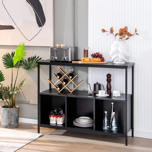 Giantex Buffet Sideboard, Wooden Cupboard, Kitchen Pantry w/Spacious Countertop, Large Open Shelf, 3 Cube Storage Cabinet, Sturdy Rustproof Steel Frame, Modern Stationary Island, Black