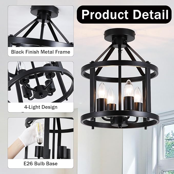 Black Flush Mount Ceiling Light Fixture, 4-Light Farmhouse Semi Flush Mount Ceiling Light, Industrial Metal Chandelier Ceiling Lamp for Dining Room Hallway Entryway Kitchen, E26 Socket