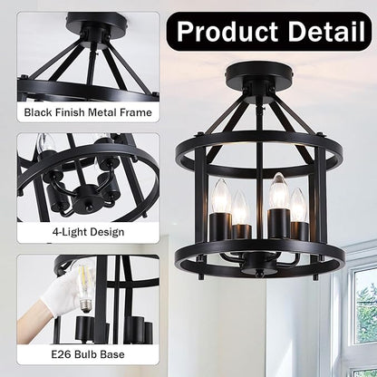 Black Flush Mount Ceiling Light Fixture, 4-Light Farmhouse Semi Flush Mount Ceiling Light, Industrial Metal Chandelier Ceiling Lamp for Dining Room Hallway Entryway Kitchen, E26 Socket
