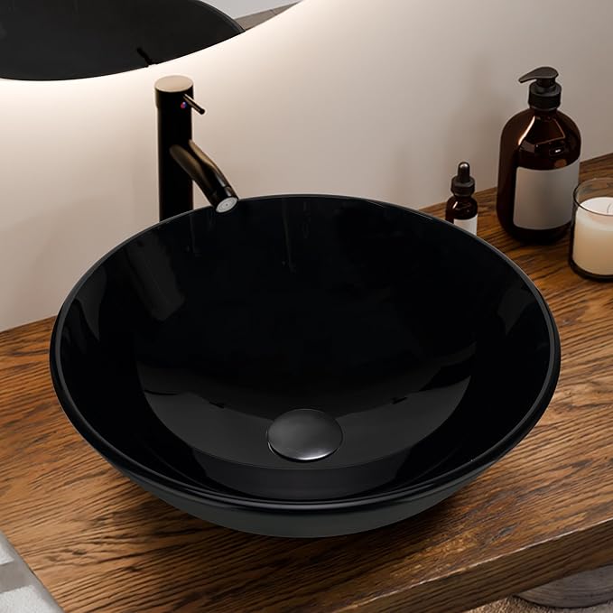 YIMAI Black Glass Vessel Sink 16.5" x 16.5" x 5.5" – Tempered Glass Above Counter Round Bathroom Sink Bowl Countertop Modern Sinks with Faucet and Drain Combo, Easy Install for Master or Powder Room
