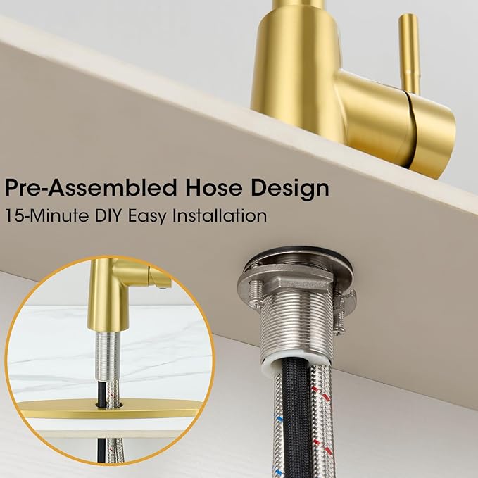 Brushed Gold Kitchen Faucet with Pull Down Sprayer, High Arc Single Handle Stainless Steel 1 or 3 Hole Faucet for Kitchen Sink, Farmhouse, RV, Laundry, Bar, Outdoor