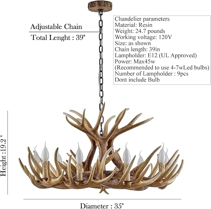 Antler Chandelier Lighting, Vintage Deer Antler Chandelier 9 Light, Farmhouse Antler Light Fixtures Ceiling E12 Base for Home Store Coffee Bar (9 lamp arms + 3arms)