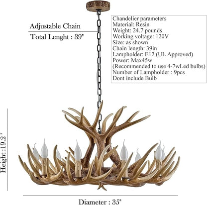 Antler Chandelier Lighting, Vintage Deer Antler Chandelier 9 Light, Farmhouse Antler Light Fixtures Ceiling E12 Base for Home Store Coffee Bar (9 lamp arms + 3arms)