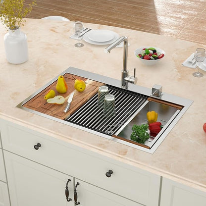 33x22 Drop In Kitchen Sink Workstation - MERYIAO 33 Inch Stainless Steel Sinks Topmount 16 Gauge Single Bowl Above Counter 9" Deep Sinks with Accessories