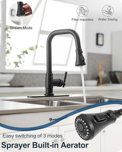 3 Function Black Kitchen Sink Faucet, 360 Degree Swivel Kitchen Faucets with Pull Down Sprayer, Single Handle with Deck Plate for 1 or 3 Hole, Stainless Steel