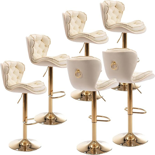 Rhomtree 24-33 Inch Swivel Bar Stools, Adjustable Counter Height Barstools, Velvet Back and Golden Footrest, Bar Chairs for Kitchen Island, Cafe, Bar, Bar Counter, Dining Room, Coffee(Cream Set of 6)