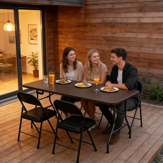 Folding Table 6ft - Heavy Duty Plastic Table with Handle, Foldable & Portable, Fold-in-Half Utility Tables for Outdoor, Dining, Wedding, Events, Indoor, Picnic, Camping, Party(Brown)