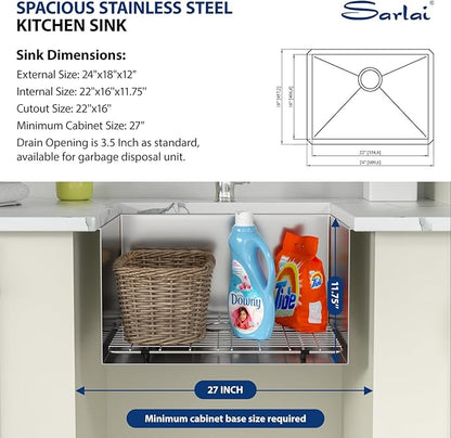 Sarlai 24 Undermount Laundry Sink - 24x18x12 Inch Undermount Sink Laundry Utility Sinks Deep Single Bowl16 Gauge Stainless Steel Kitchen Sinks Basin