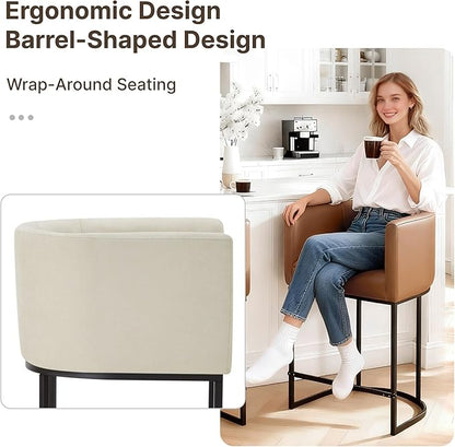 24" Counter Height Bar Stools Set of 4, Modern Barrel Counter Stools with Backrest and Arms, Fabric Upholstered Accent Barstools with Metal Legs for Kitchen Island,Sand
