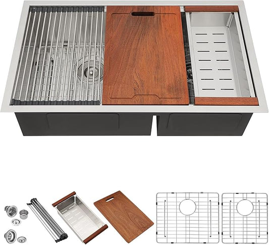 Lordear Undermount Double Kitchen Sink 32 Inch 16 Gauge Undermount Workstation 60/40 Double Bowl Sink Stainless Steel with Smart Low Divider 32x19 Inch Double Basin Kitchen Sinks Handmade