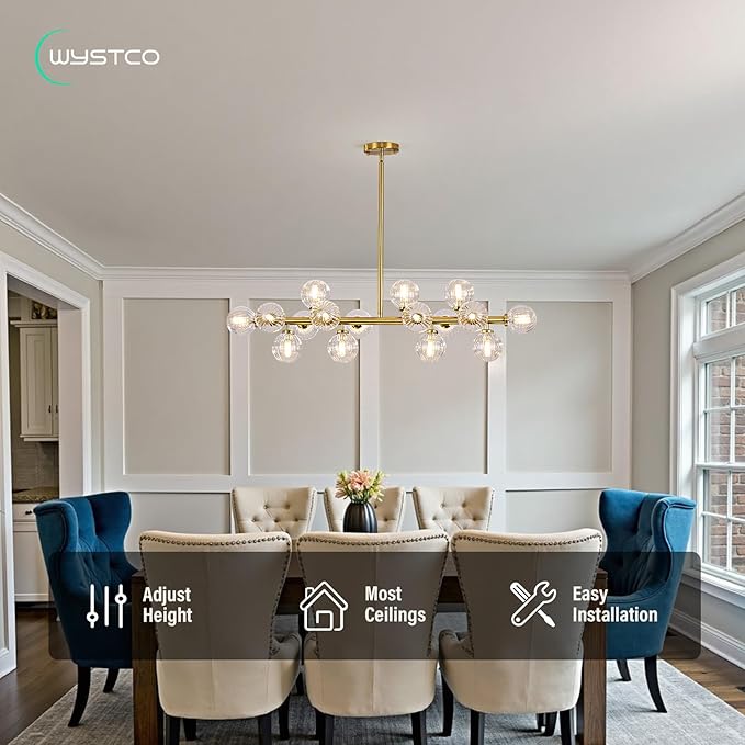 16-Light Globe Sputnik Chandelier, Linear Dining Room Light Fixture Over Table, Mid Century Modern Gold Chandeliers for Dining Living Room, Kitchen Island Lighting (Clear Bubble, 40 Inch)