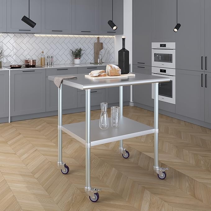 Stainless Steel Work Table with Wheels | NSF Kitchen Island Food Prep | Laundry Garage Utility Bench (Table + Wheels, 36" Long x 30" Deep)