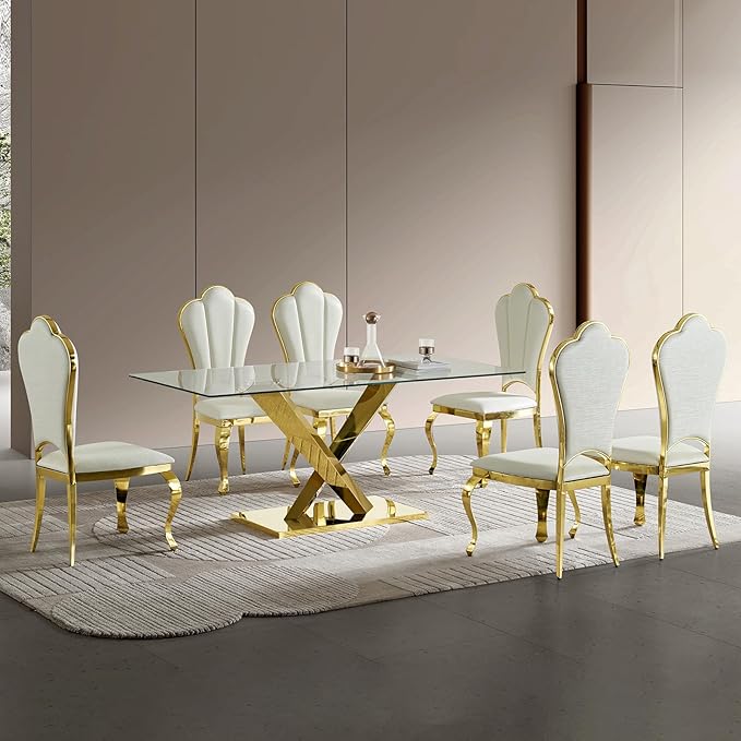 69” Modern Glass Dining Table for 6, Luxury Clear Tempered Glass Top with Gold X-Base Stainless Steel Legs, Elegant Rectangle Dining Room Table