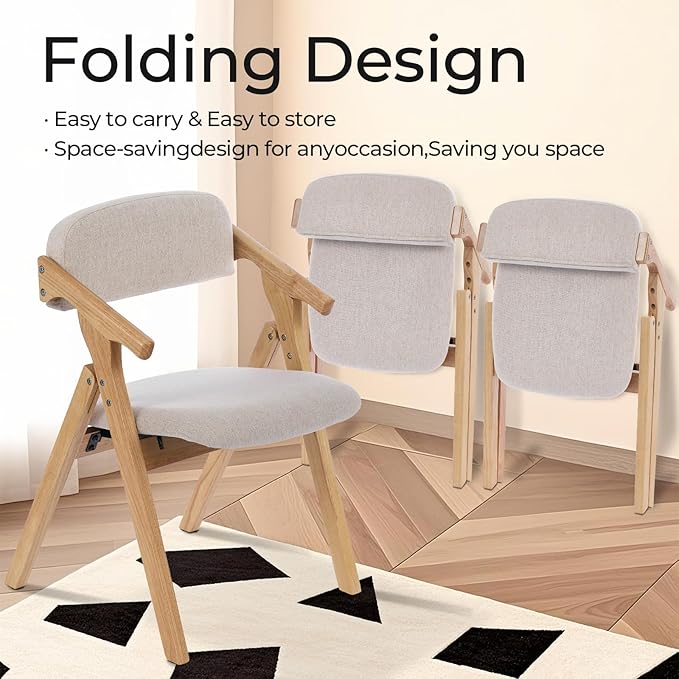 Folding Chairs with Padded Seats,Wooden Stackable Dining Chair,Easy to Store Foldable Dining Chairs for Kitchen, Living Room, Wedding Party Picnic (Beige-1)