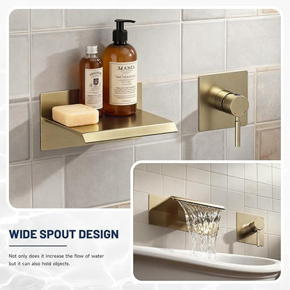 BWE Wall Mount Bathtub Faucet Brushed Gold Single Handle Modern Bathtub Faucet with Rough in Valve High Flow Filler Waterfall Tub Spout
