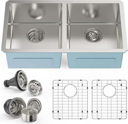 PHS 33-Inch Undermount -50/50 Double Bowl 16 Gauge Stainless Steel Kitchen Sink with Accessories, 9 Inch Deep Sinks with Brushed Finish