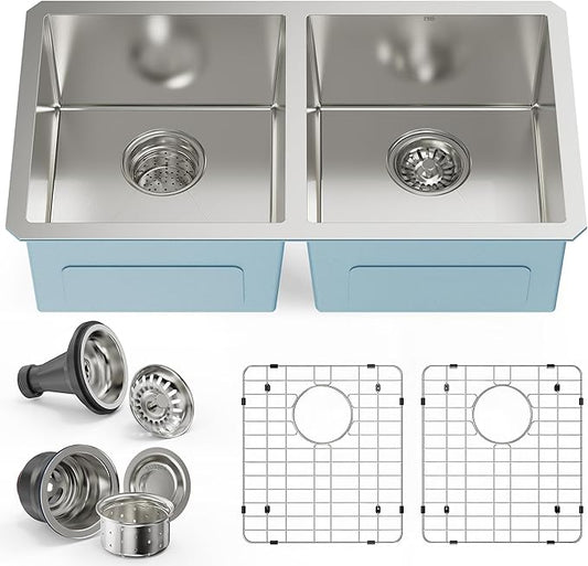 PHS 33-Inch Undermount -50/50 Double Bowl 16 Gauge Stainless Steel Kitchen Sink with Accessories, 9 Inch Deep Sinks with Brushed Finish