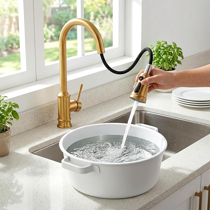 Gold Brushed Nickel Kitchen Faucet with Pull Down Sprayer, Vintage 3 Mode Sprayer Kitchen Sink Faucet for Praticial Use, Antique Farmhouse Style, Deck Mount