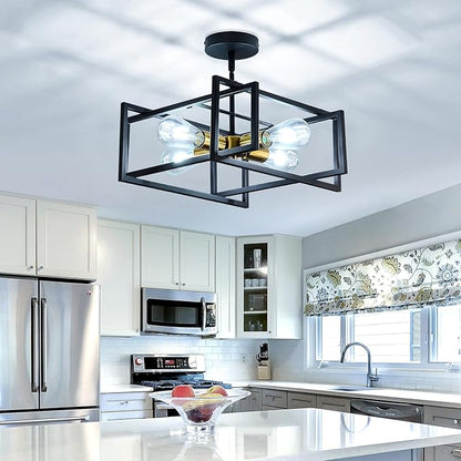 ZGLAOJT 4-Lights Close to Ceiling Light Black and Gold Light Fixture Industrial Flush Mount Ceiling Light Farmhouse Chandelier Lighting for Kitchen Island Dining Room Bedroom Foyer Hallway.