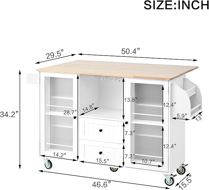GOWE Mobile Kitchen Island Storage Trolley Cart on Wheels with Dropleaf Top, Towel/Spice Rack,2 Drawers, 2-Door Cabinet, White