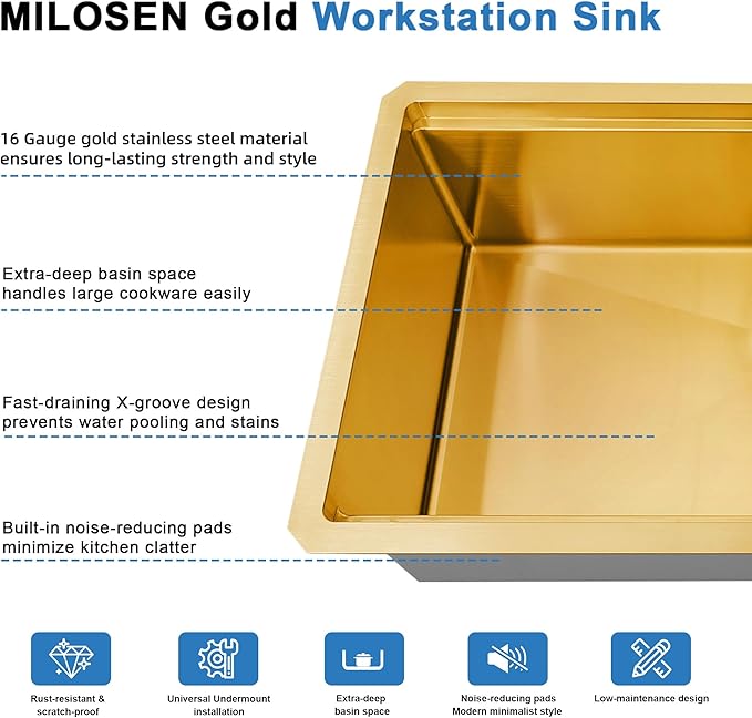 MILOSEN 33 Inch Gold Undermount Kitchen Sink,33" x 19" Gold Stainless Steel Sinks, Single Bowl Workstation Sink with Custom Accessories, Handmade Under Counter Design, 9'' Large and Deep Kitchen Sinks