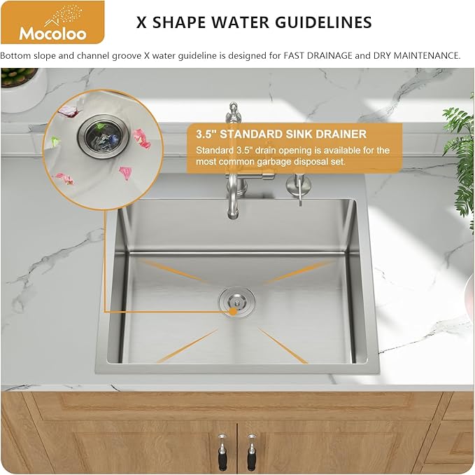 Mocoloo 25 Inch Drop In Kitchen Sink - 25 x 22 Stainless Steel Kitchen Sinks Topmount 16 Gauge Single Bowl Above Counter Handmade Sink, 10'' Deep Basin