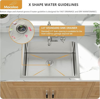Mocoloo 25 Inch Drop In Kitchen Sink - 25 x 22 Stainless Steel Kitchen Sinks Topmount 16 Gauge Single Bowl Above Counter Handmade Sink, 10'' Deep Basin