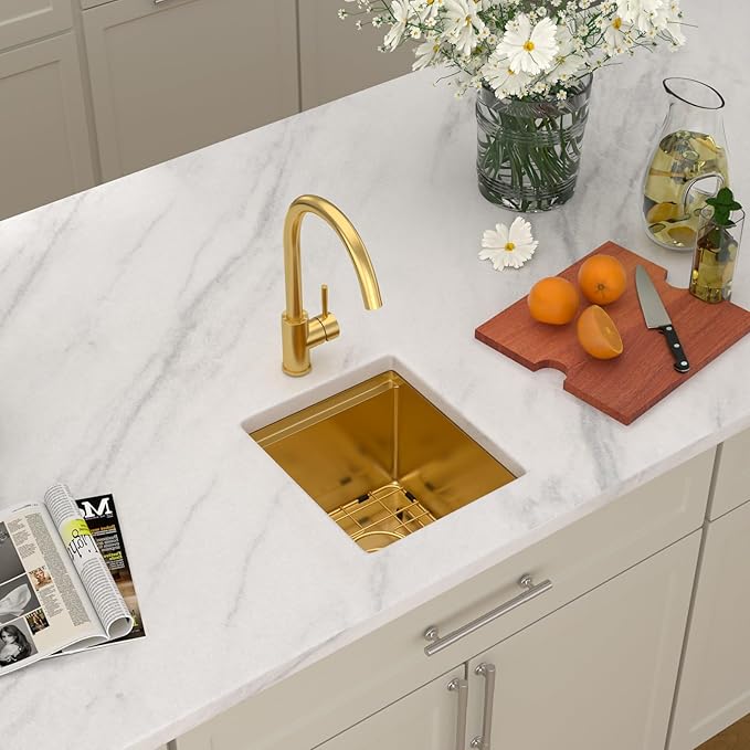 Dcolora 13"x15 Gold Small Bar Sink, Heavy Duty 16 Gauge 304 Stainless Steel, Cover Board for Saving Space, Udnermount Installation Fit for Small Kitchen,Bar, RV, #DC-U2533005GW
