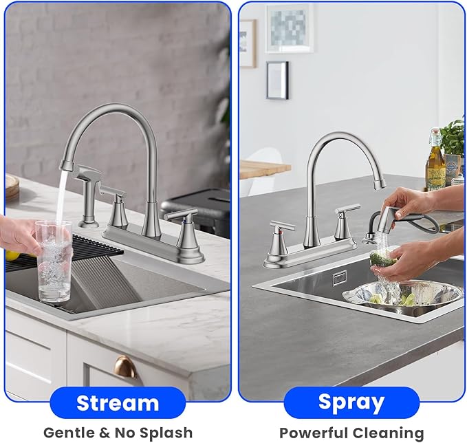 HURRAN 2-Handle Kitchen Faucet with Pull-Out Side Sprayer, 8 Inch High Arch Stainless Steel 360°Rotating Kitchen Sink Faucet, 4 Hole Faucet for Kitchen Bar Rv Camper, Nickel