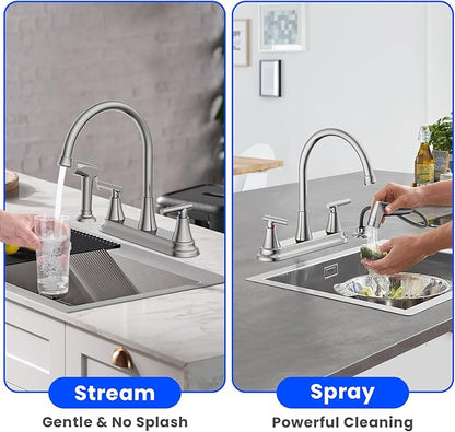 HURRAN 2-Handle Kitchen Faucet with Pull-Out Side Sprayer, 8 Inch High Arch Stainless Steel 360°Rotating Kitchen Sink Faucet, 4 Hole Faucet for Kitchen Bar Rv Camper, Nickel