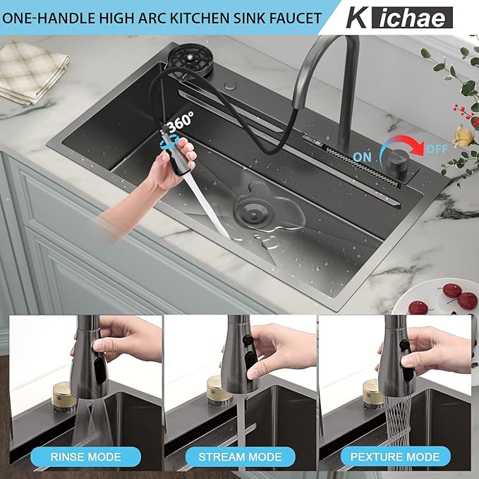 Kichae 33x19 Drop In Kitchen Sink Waterfall - Black Workstation Kitchen Sink Waterfall Stainless Steel 16 Gauge Luxury Handmade Single Bowl Drop Sinks with Faucet Combo & Glass Rinser