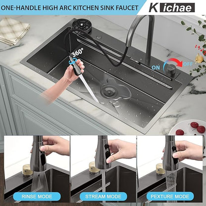 Kichae 33x19 Drop In Kitchen Sink Waterfall - Black Workstation Kitchen Sink Waterfall Stainless Steel 16 Gauge Luxury Handmade Single Bowl Drop Sinks with Faucet Combo & Glass Rinser