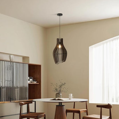 Wood Pendant Light Fixture, Hand-Woven Chandeliers Ceiling Lighting, Farmhouse Basket Cylinder Lampshade Hanging Lamp for Dining Room, Kitchen Island, Entryway (Retro)